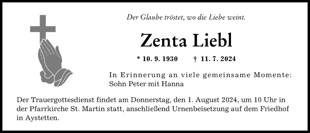 Traueranzeige von Zenta Liebl von Augsburger Allgemeine