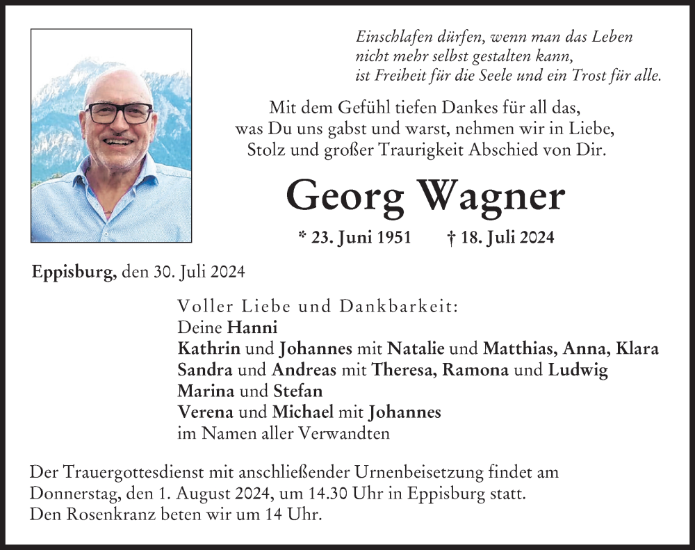 Traueranzeige von Georg Wagner  von Wertinger Zeitung; Donau-Zeitung