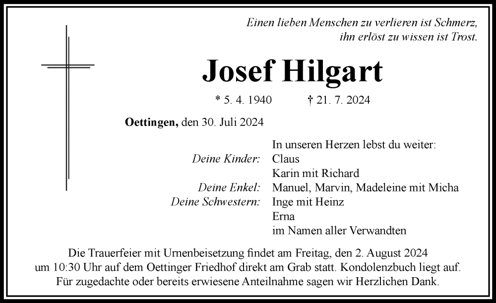 Traueranzeige von Josef Hilgart  von Rieser Nachrichten