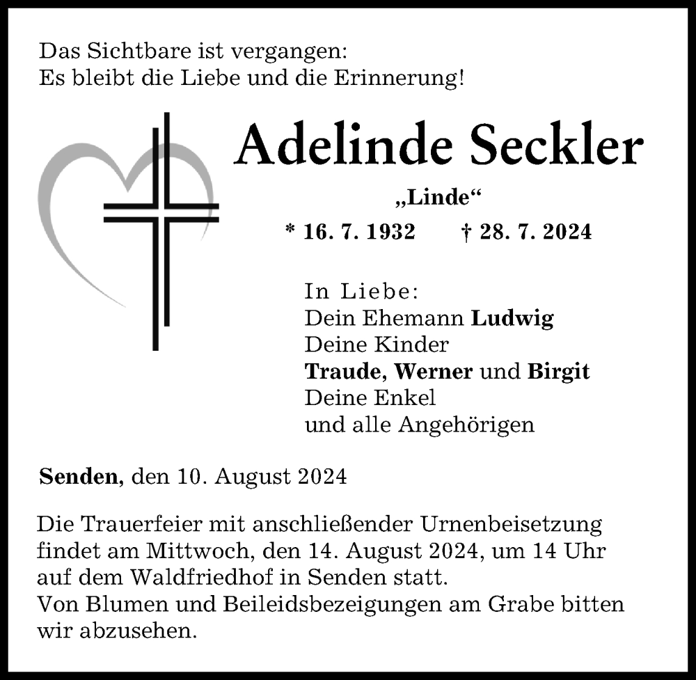 Traueranzeige von Adelinde Seckler von Neu-Ulmer Zeitung