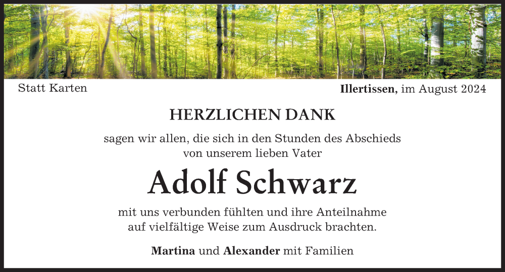 Traueranzeige von Adolf Schwarz von Illertisser Zeitung