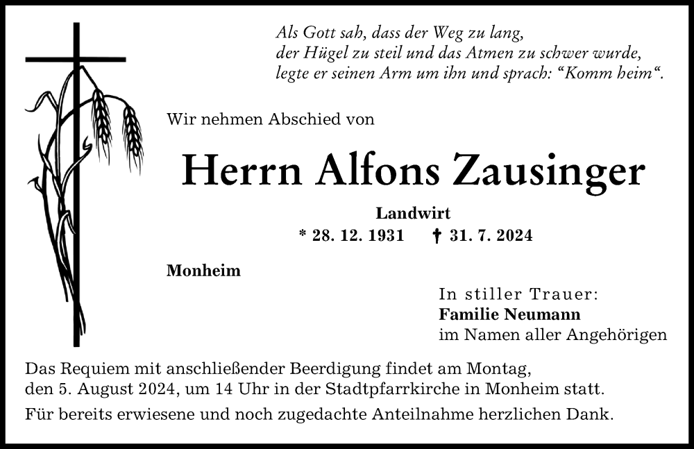 Traueranzeige von Alfons Zausinger von Donauwörther Zeitung