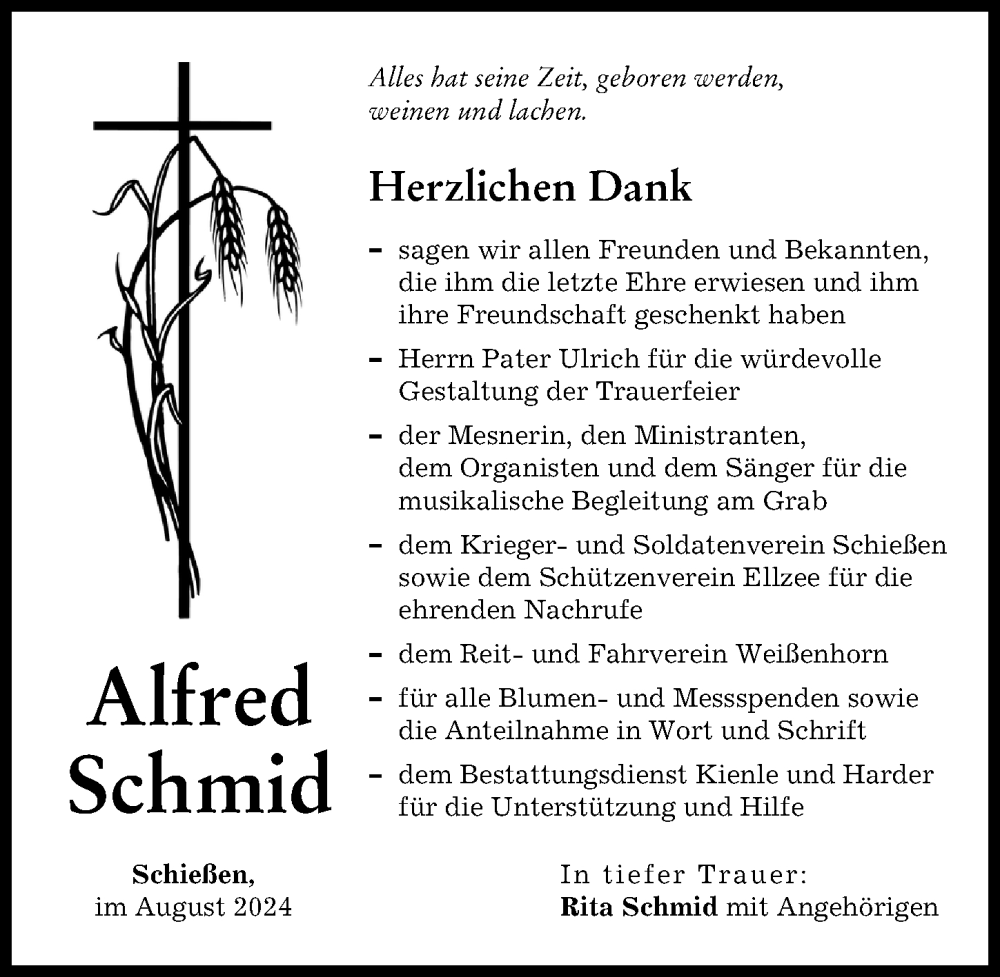 Traueranzeige von Alfred Schmid von Mittelschwäbische Nachrichten, Illertisser Zeitung, Neu-Ulmer Zeitung