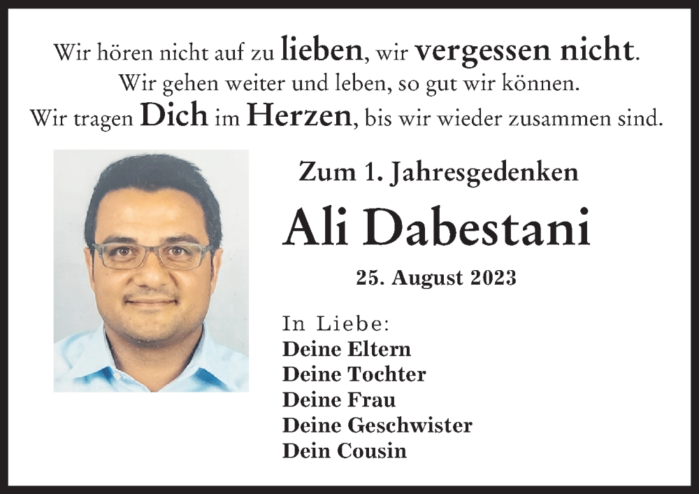 Traueranzeige von Ali Dabestani von Augsburger Allgemeine