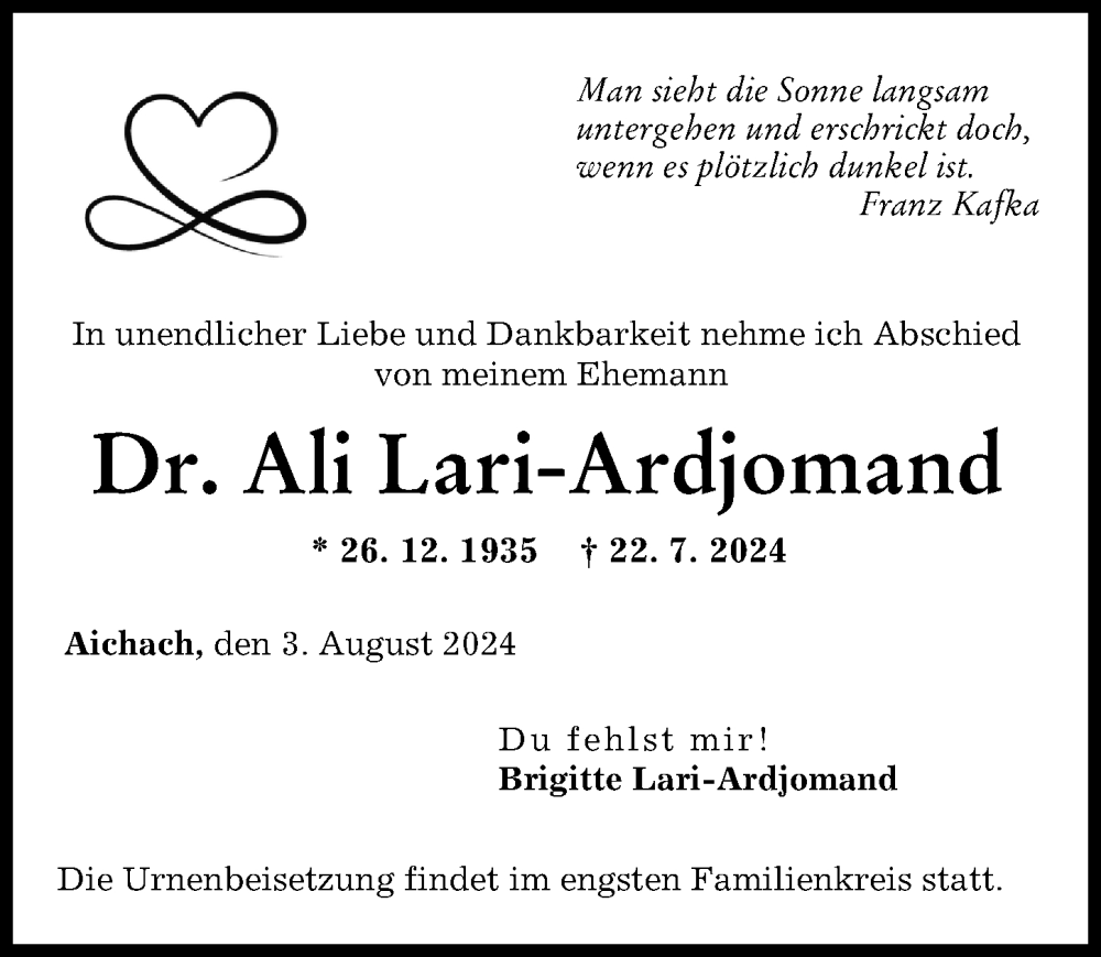 Traueranzeige von Ali Lari-Ardjomand von Aichacher Nachrichten