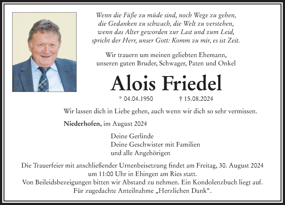 Traueranzeige von Alois Friedel von Rieser Nachrichten