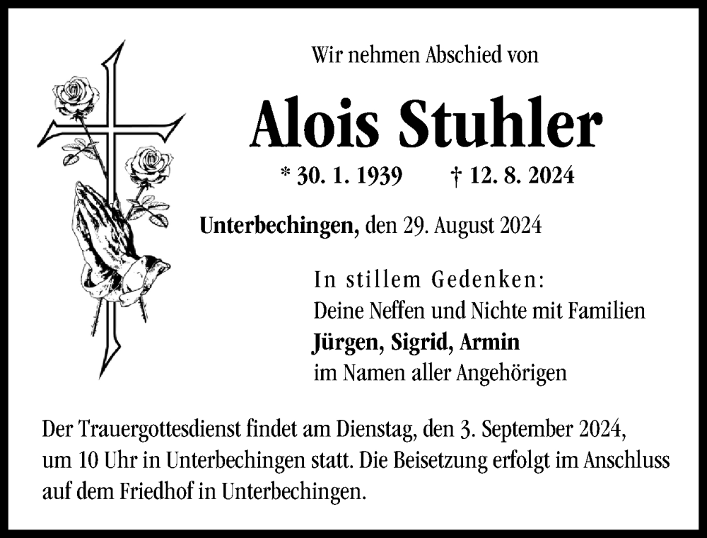 Traueranzeige von Alois Stuhler von Donau Zeitung