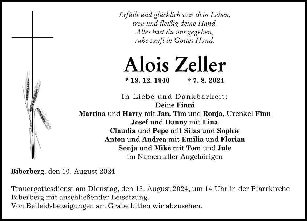 Traueranzeige von Alois Zeller von Neu-Ulmer Zeitung