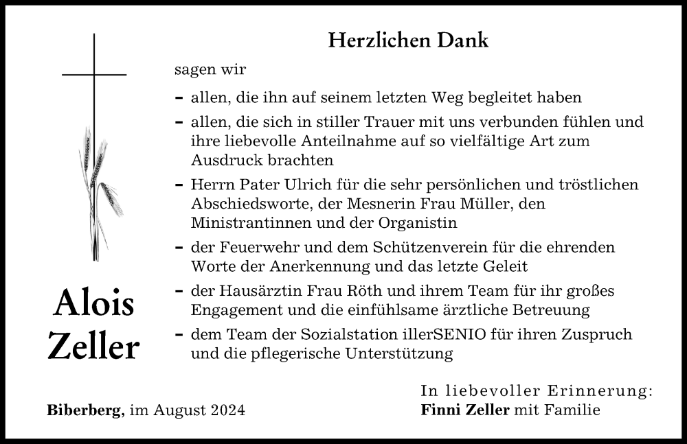 Traueranzeige von Alois Zeller von Neu-Ulmer Zeitung