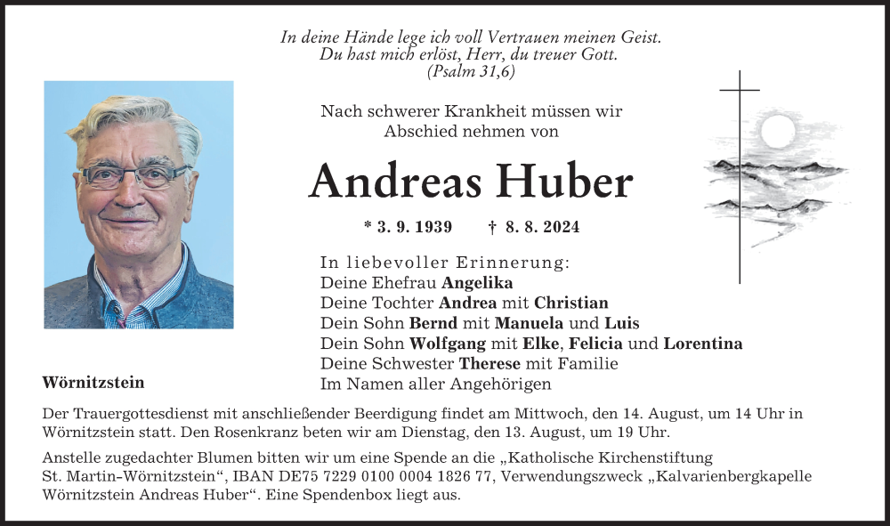 Traueranzeige von Andreas Huber von Donauwörther Zeitung