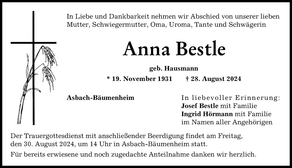 Traueranzeige von Anna Bestle von Donauwörther Zeitung