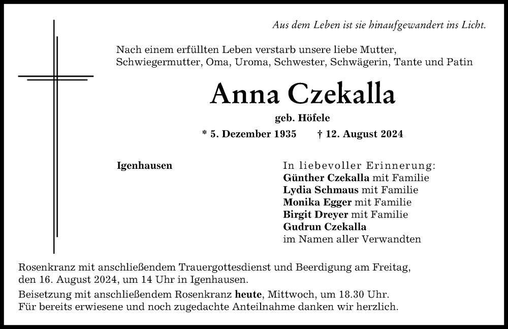 Traueranzeige von Anna Czekalla von Aichacher Nachrichten