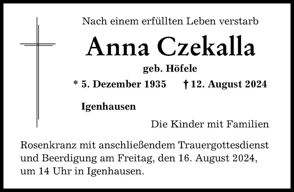 Traueranzeige von Anna Czekalla von Augsburger Allgemeine