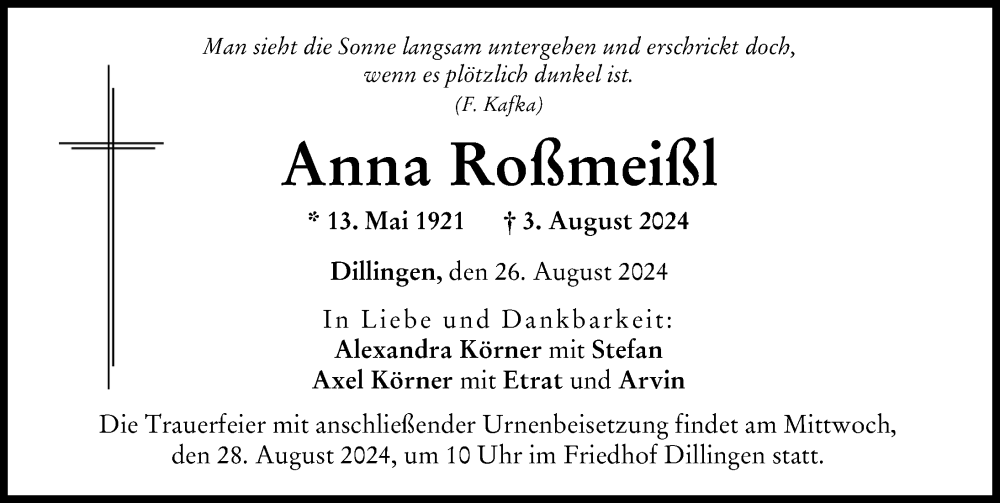 Traueranzeige von Anna Roßmeißl von Donau Zeitung