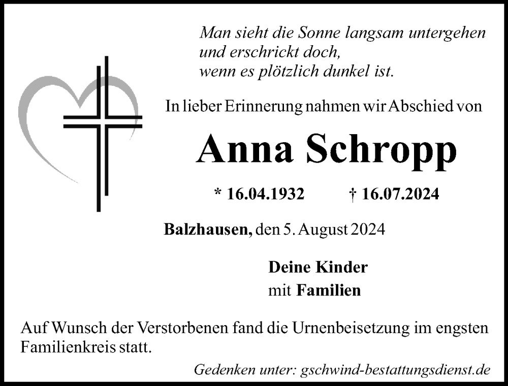 Traueranzeige von Anna Schropp von Mittelschwäbische Nachrichten