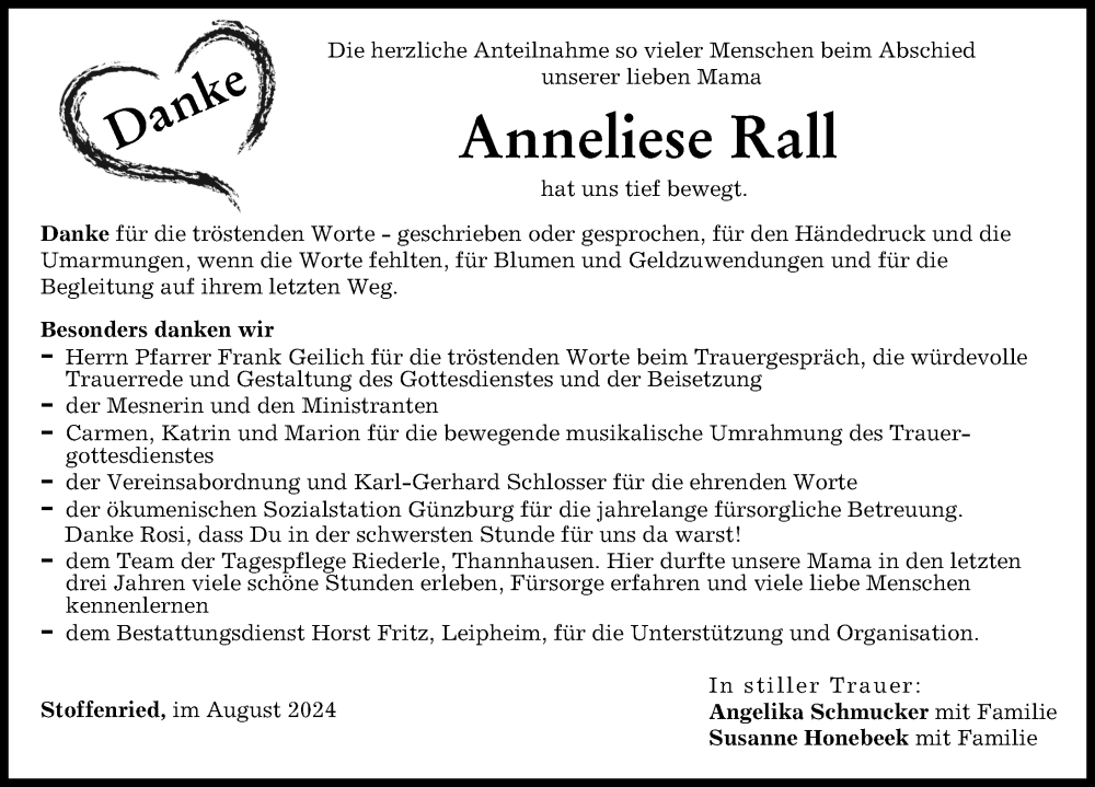 Traueranzeige von Anneliese Rall von Mittelschwäbische Nachrichten, Günzburger Zeitung