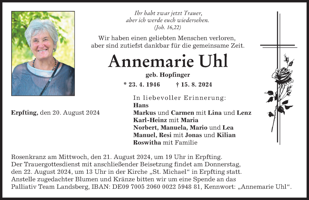 Traueranzeige von Annemarie Uhl von Landsberger Tagblatt