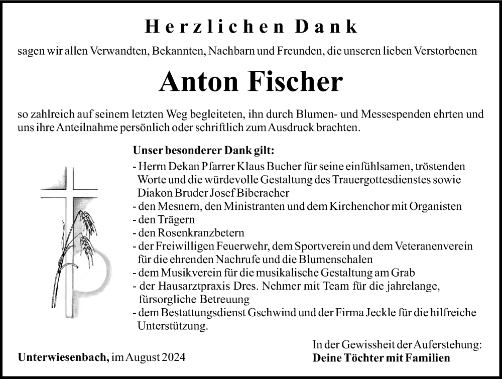 Traueranzeige von Anton Fischer von Mittelschwäbische Nachrichten