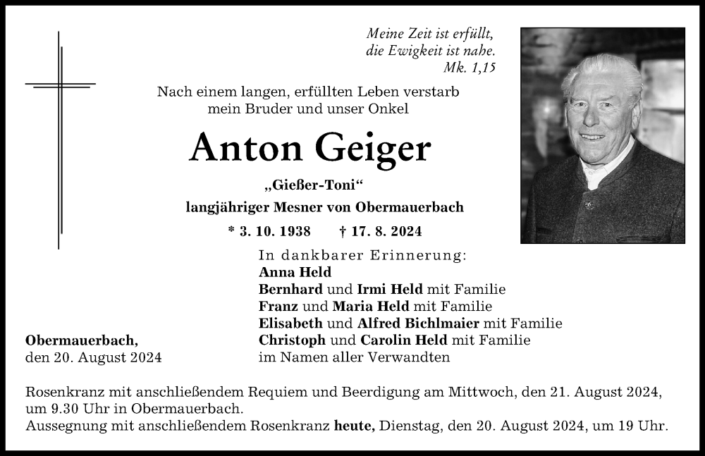 Traueranzeige von Anton Geiger von Aichacher Nachrichten