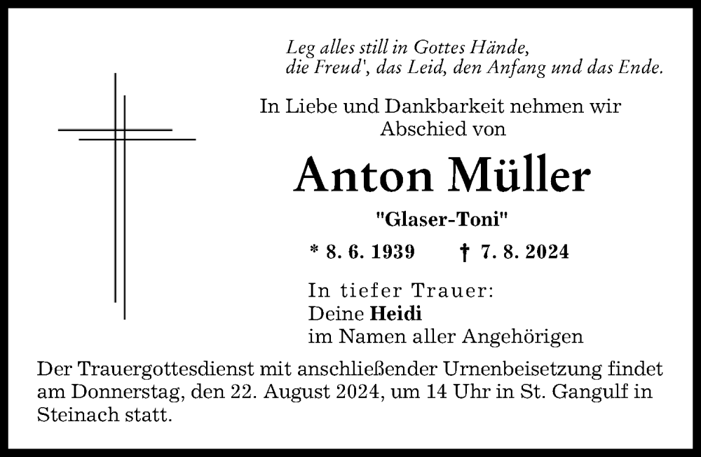 Traueranzeige von Anton Müller von Friedberger Allgemeine