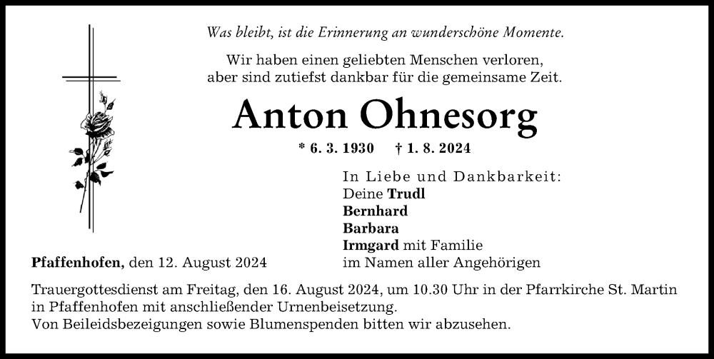 Traueranzeige von Anton Ohnesorg von Neu-Ulmer Zeitung