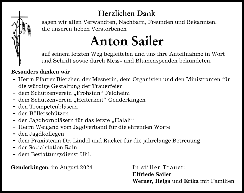 Traueranzeige von Anton Sailer von Donauwörther Zeitung