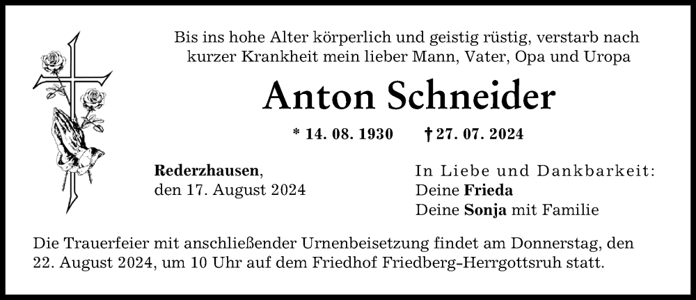 Traueranzeige von Anton Schneider von Friedberger Allgemeine