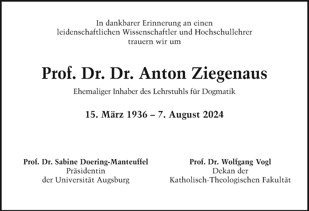 Traueranzeige von Anton Ziegenaus von Augsburger Allgemeine