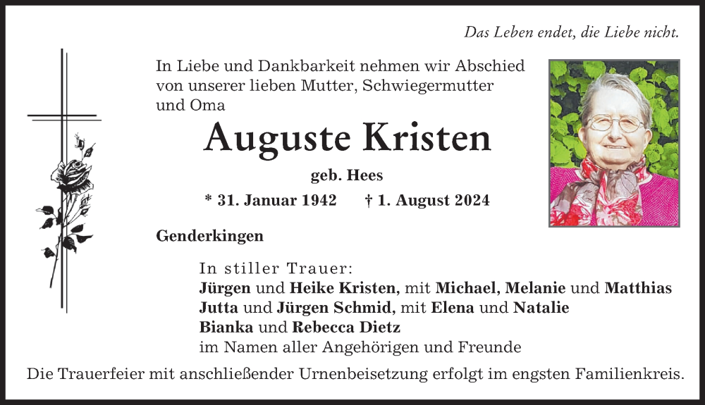 Traueranzeige von Auguste Kristen von Donauwörther Zeitung