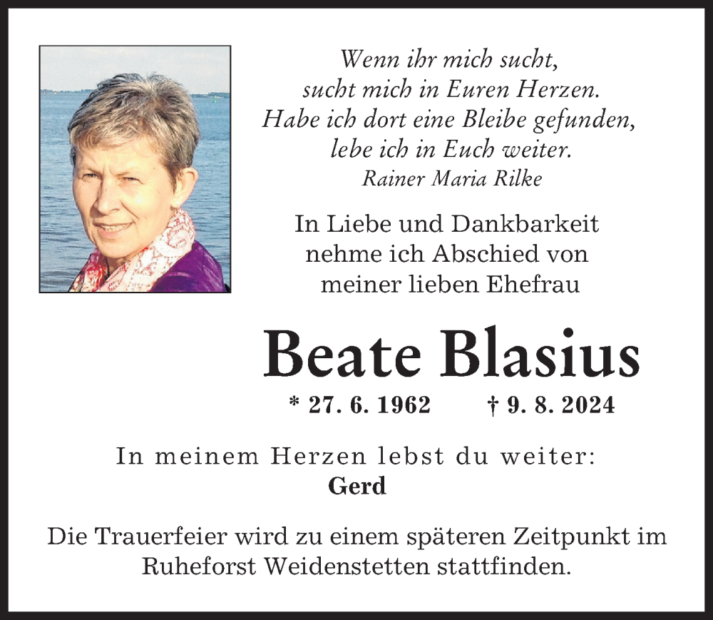  Traueranzeige für Beate Blasius vom 17.08.2024 aus Günzburger Zeitung, Neu-Ulmer Zeitung