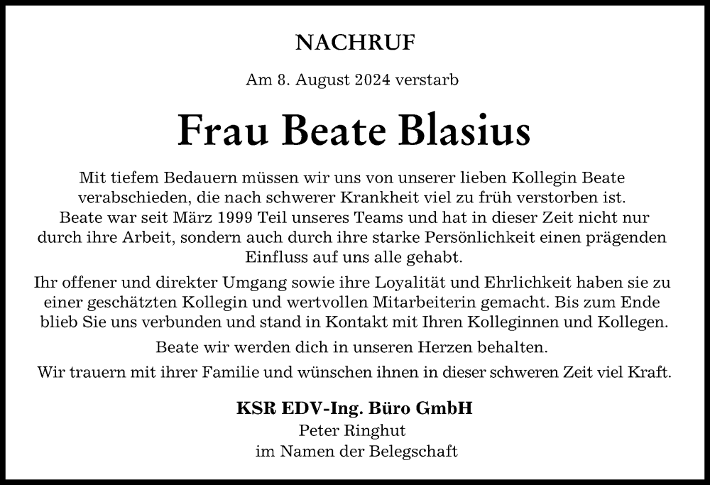  Traueranzeige für Beate Blasius vom 17.08.2024 aus Neu-Ulmer Zeitung, Günzburger Zeitung