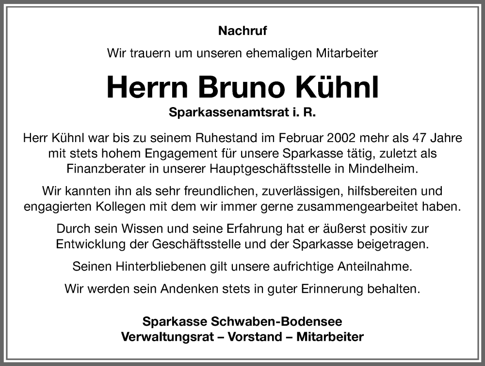 Traueranzeige von Bruno Kühnl von Mindelheimer Zeitung