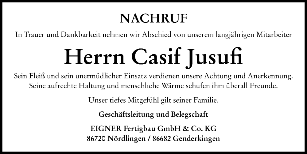 Traueranzeige von Casif Jusufi von Rieser Nachrichten