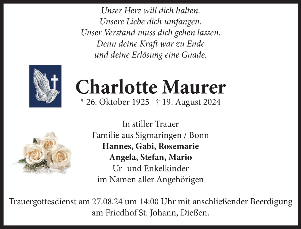 Traueranzeige von Charlotte Maurer von Landsberger Tagblatt, Ammersee Kurier