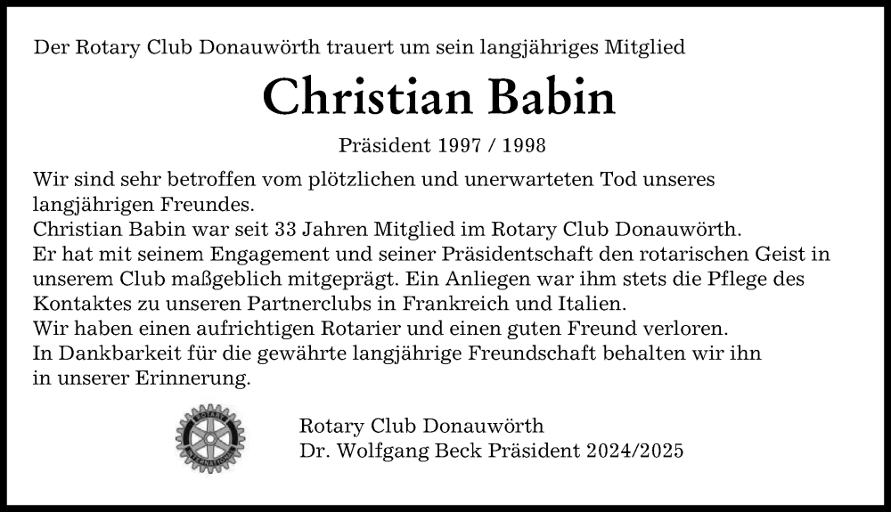 Traueranzeige von Christian Babin von Donauwörther Zeitung