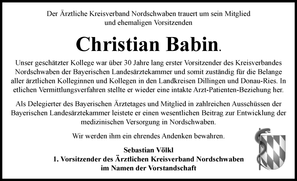 Traueranzeige von Christian Babin von Wertinger Zeitung, Donau Zeitung, Donauwörther Zeitung, Rieser Nachrichten