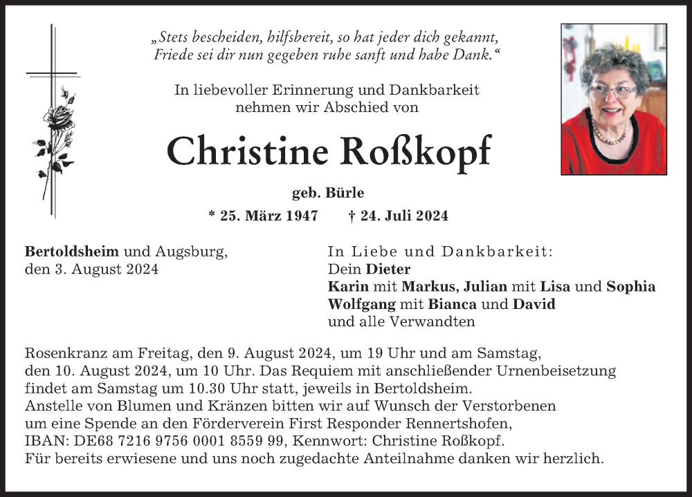 Traueranzeige von Christine Roßkopf von Neuburger Rundschau, Donauwörther Zeitung