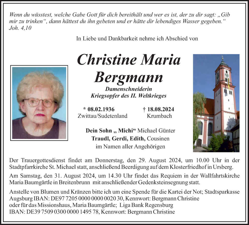 Traueranzeige von Christine Maria Bergmann von Mittelschwäbische Nachrichten