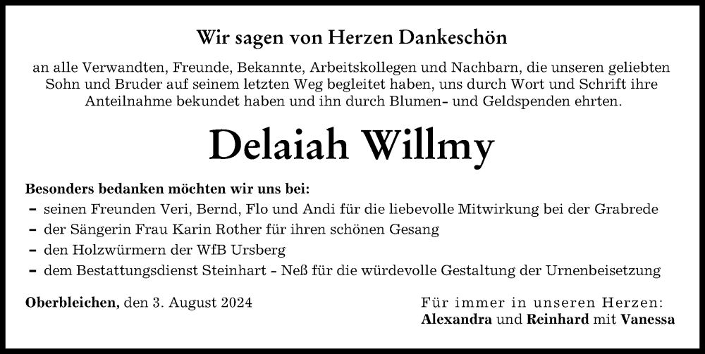 Traueranzeige von Delaiah Willmy von Mittelschwäbische Nachrichten