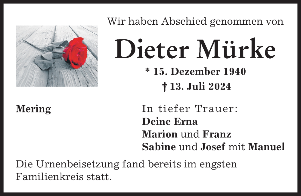 Traueranzeige von Dieter Mürke von Friedberger Allgemeine