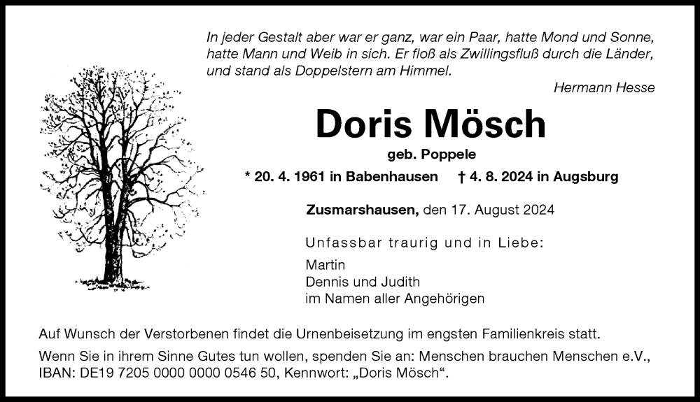 Traueranzeige von Doris Mösch von Augsburger Allgemeine