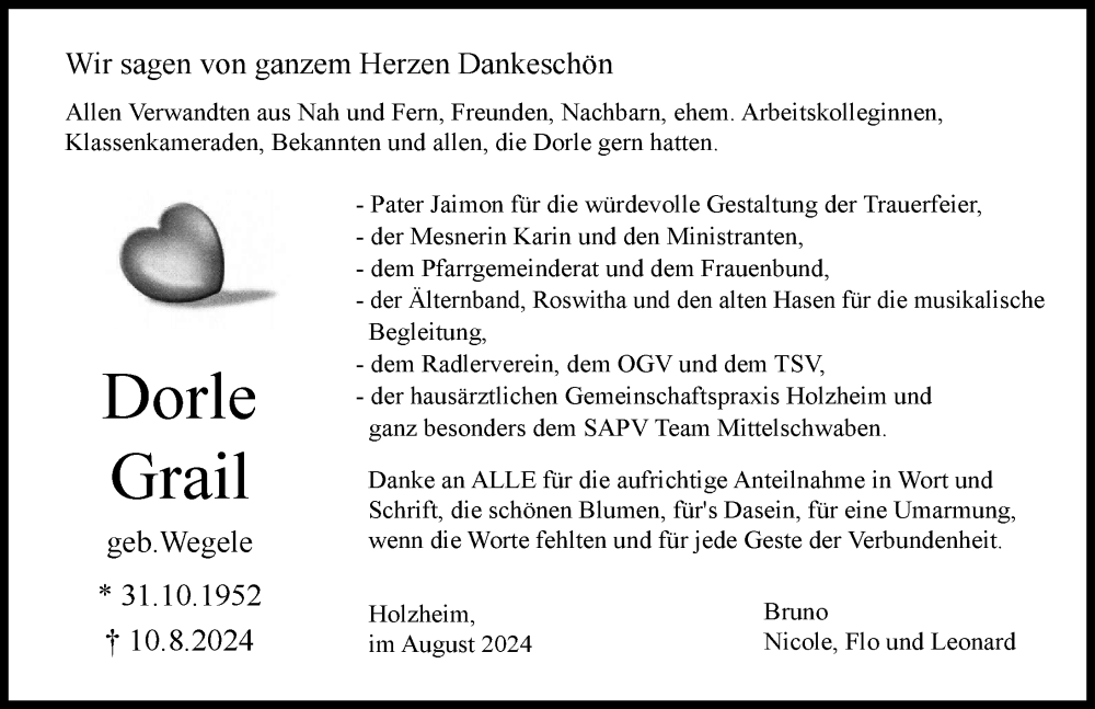 Traueranzeige von Dorle Grail von Neu-Ulmer Zeitung