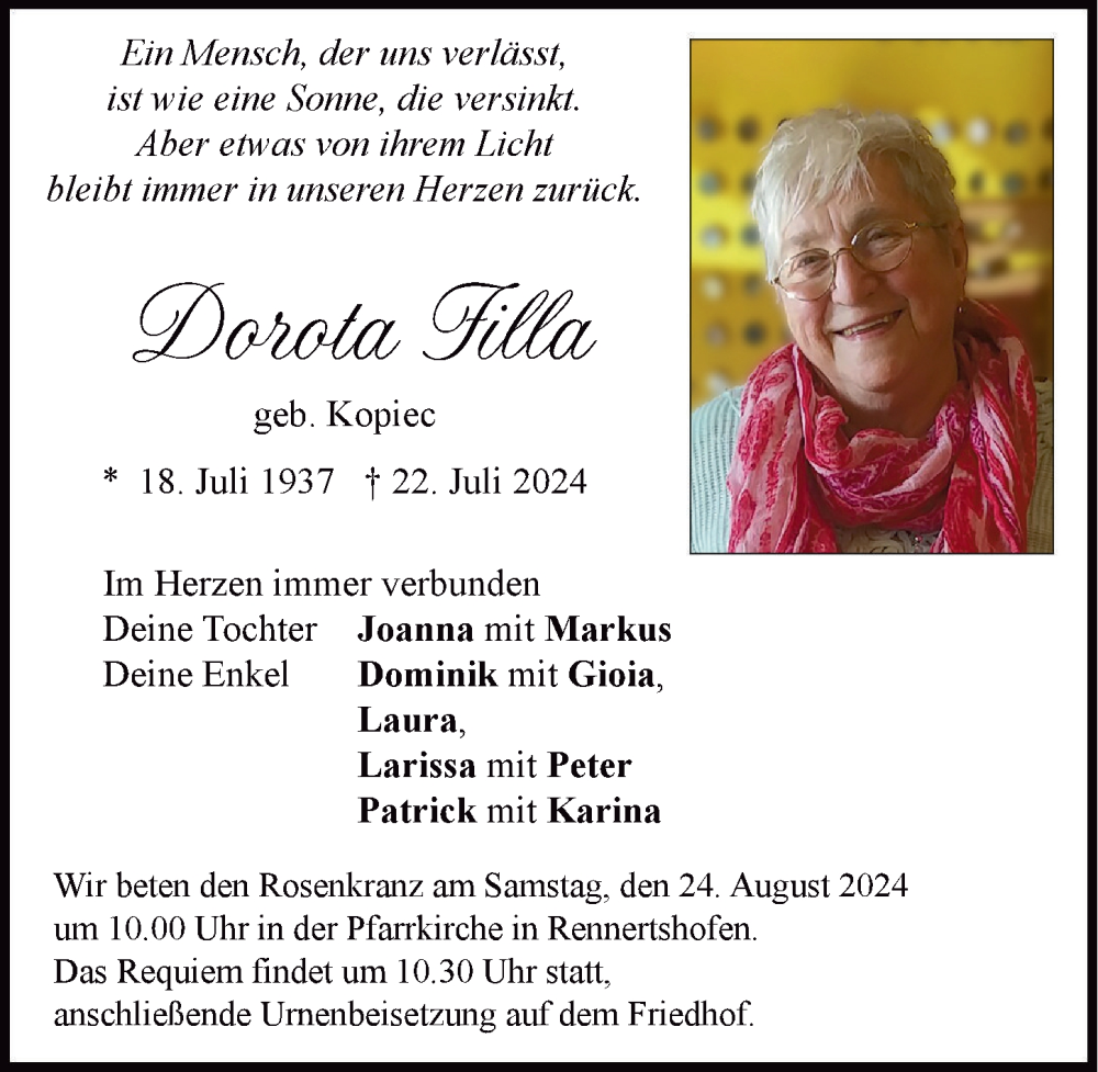 Traueranzeige von Dorota Filla von Neuburger Rundschau