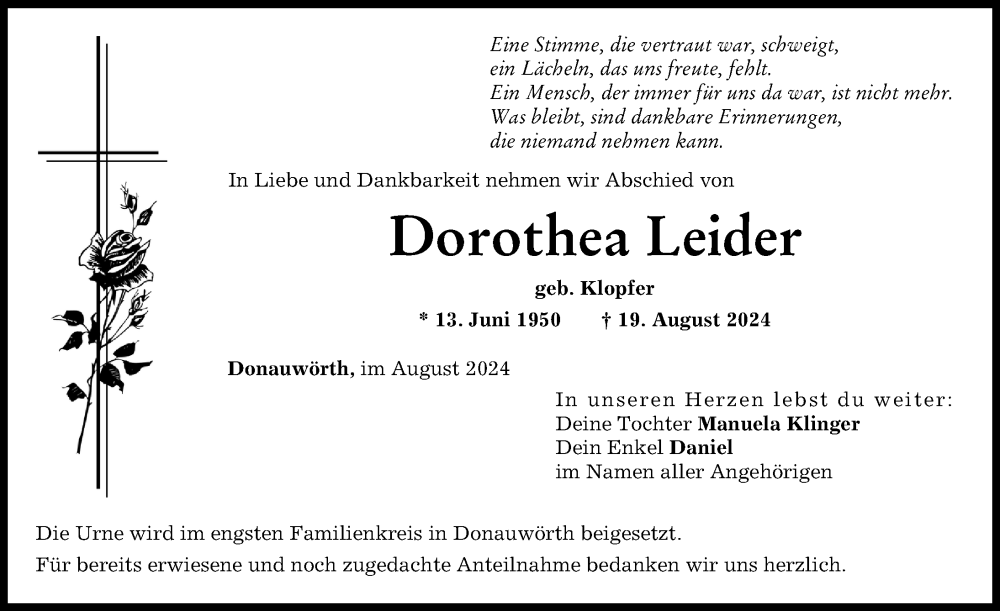 Traueranzeige von Dorothea Leider von Donauwörther Zeitung