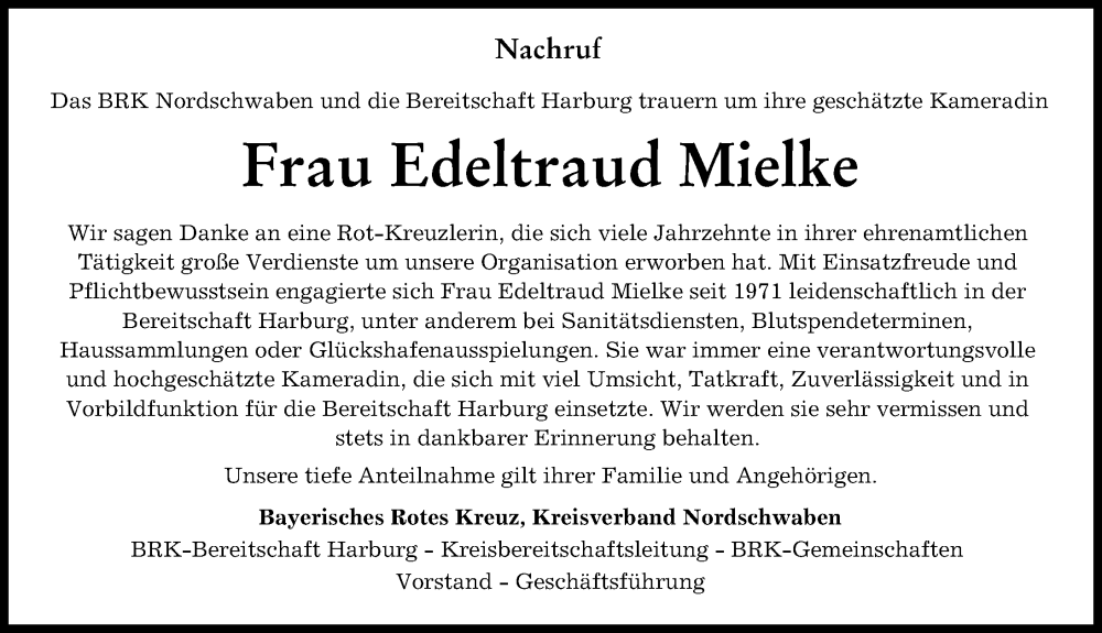 Traueranzeige von Edeltraud Mielke von Donauwörther Zeitung