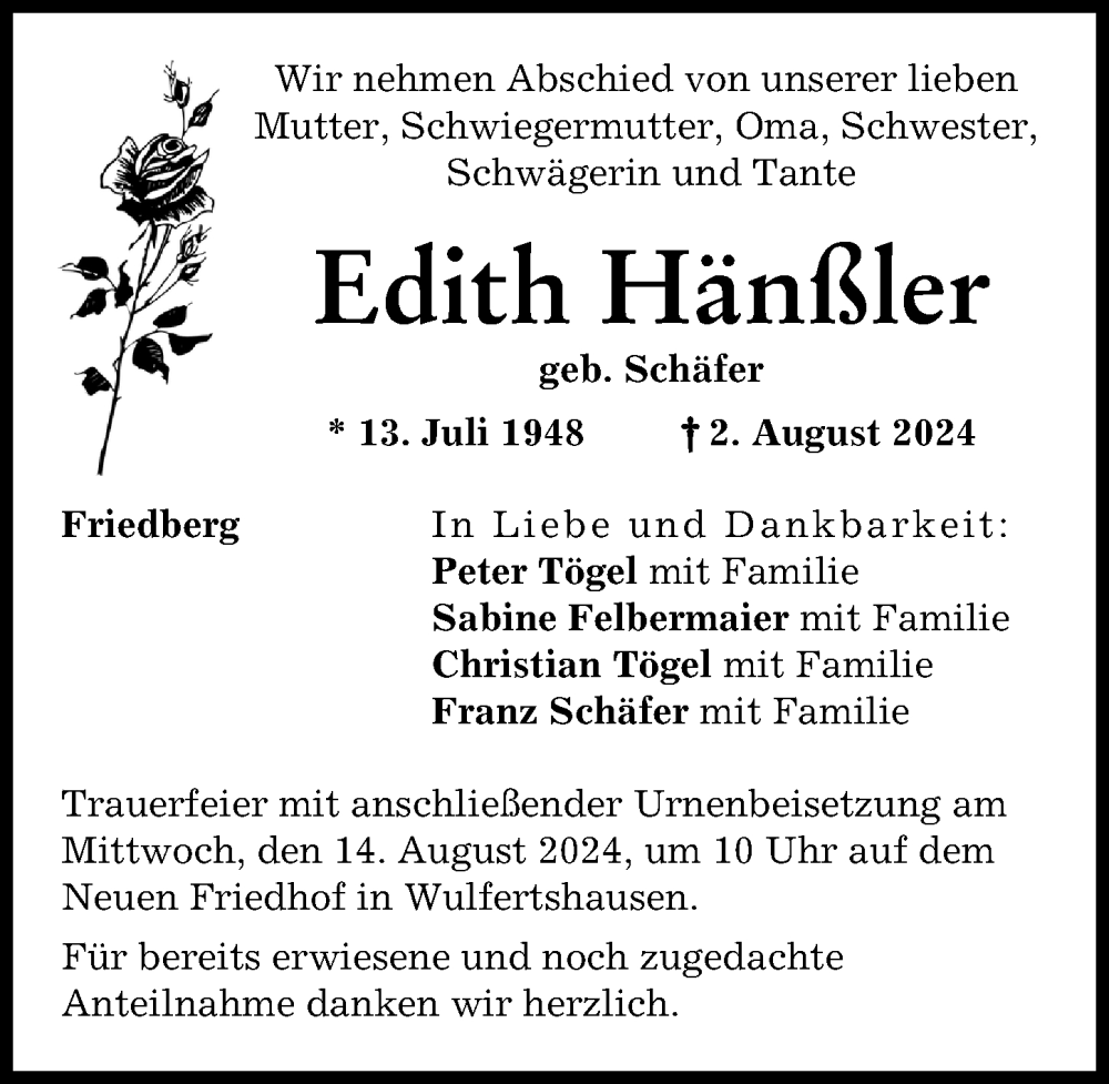 Traueranzeige von Edith Hänßler von Friedberger Allgemeine