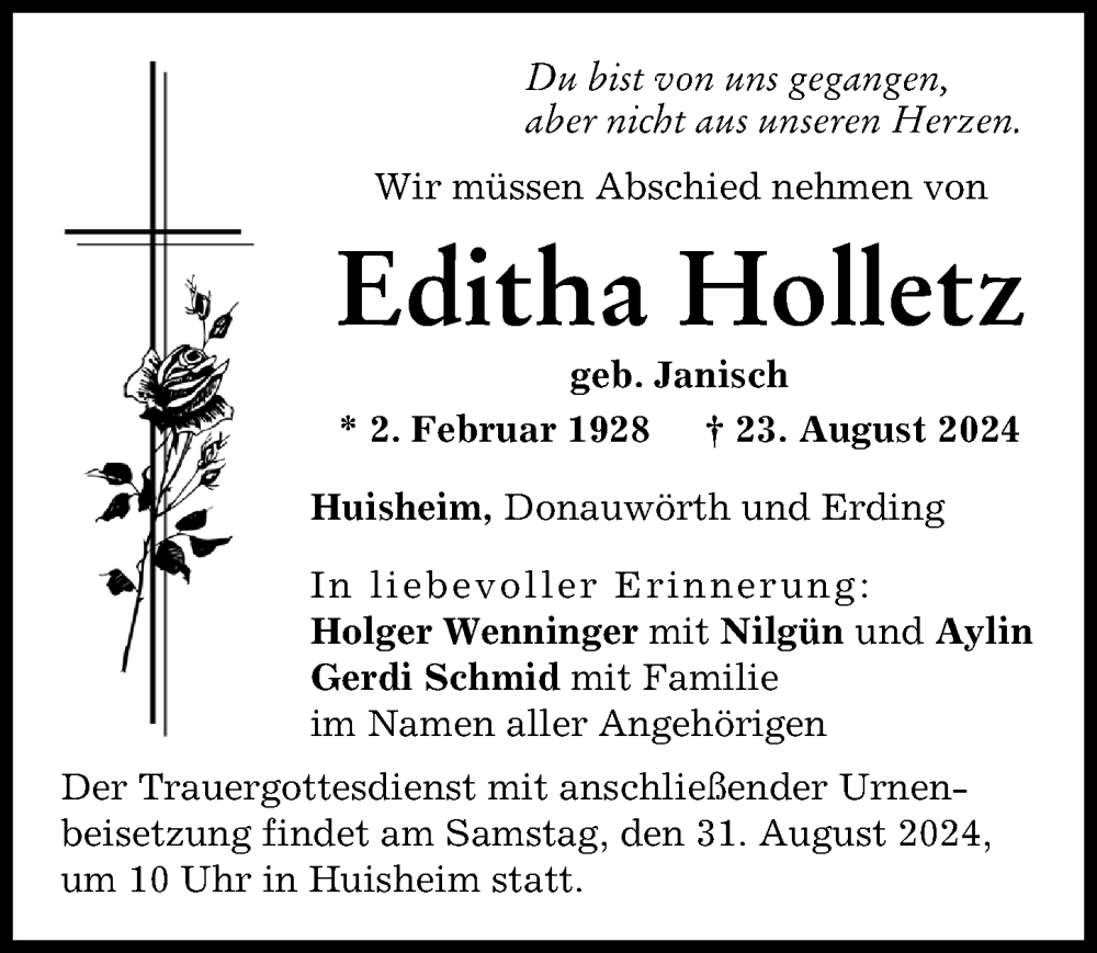 Traueranzeige von Editha Holletz von Donauwörther Zeitung