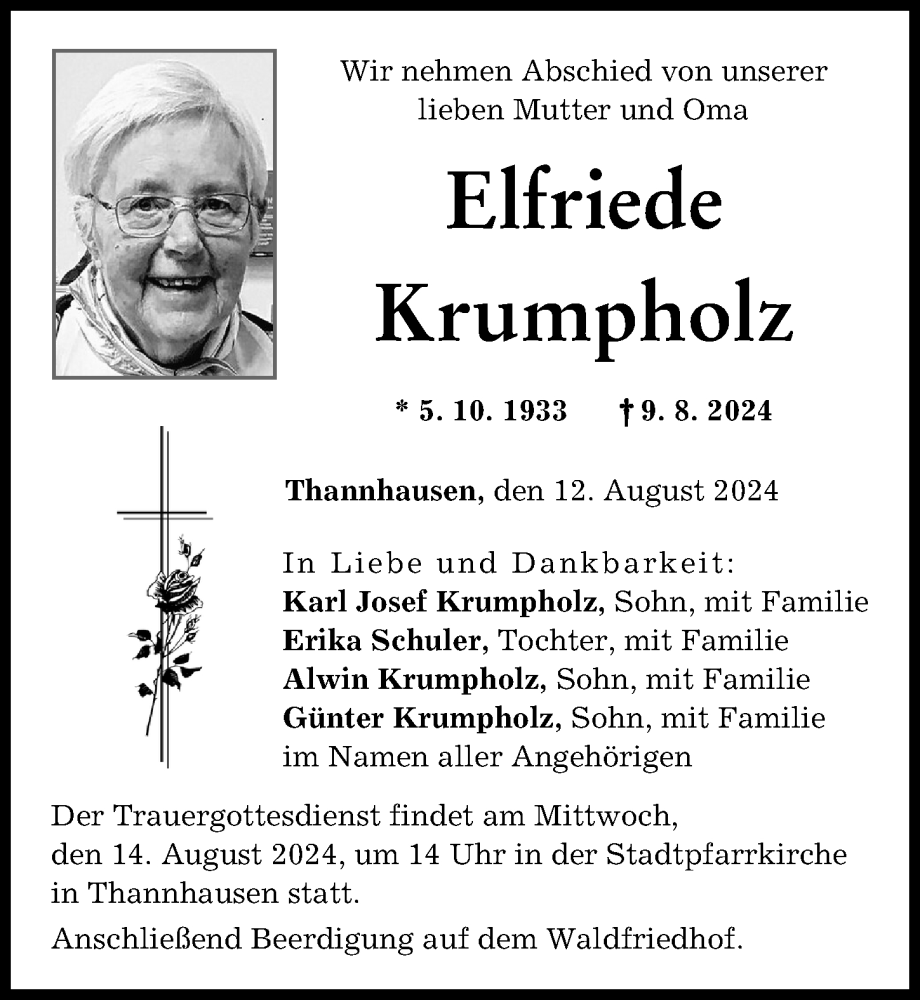 Traueranzeige von Elfriede Krumpholz von Mittelschwäbische Nachrichten