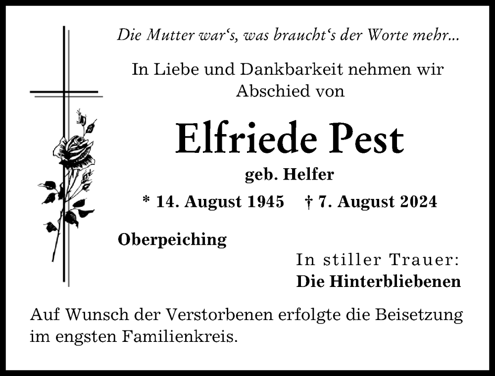 Traueranzeige von Elfriede Pest von Donauwörther Zeitung