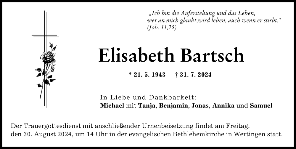 Traueranzeige von Elisabeth Bartsch von Wertinger Zeitung